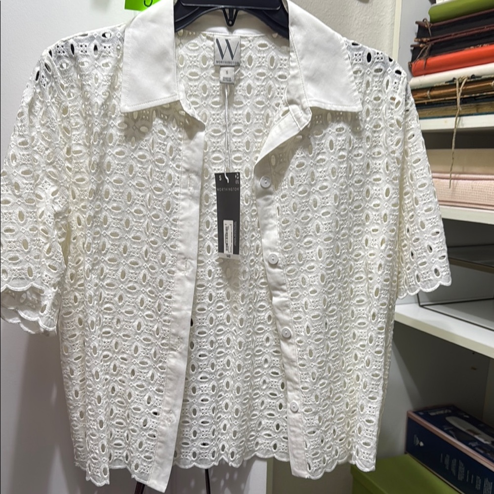 Worthington White Lace Button-Up Top